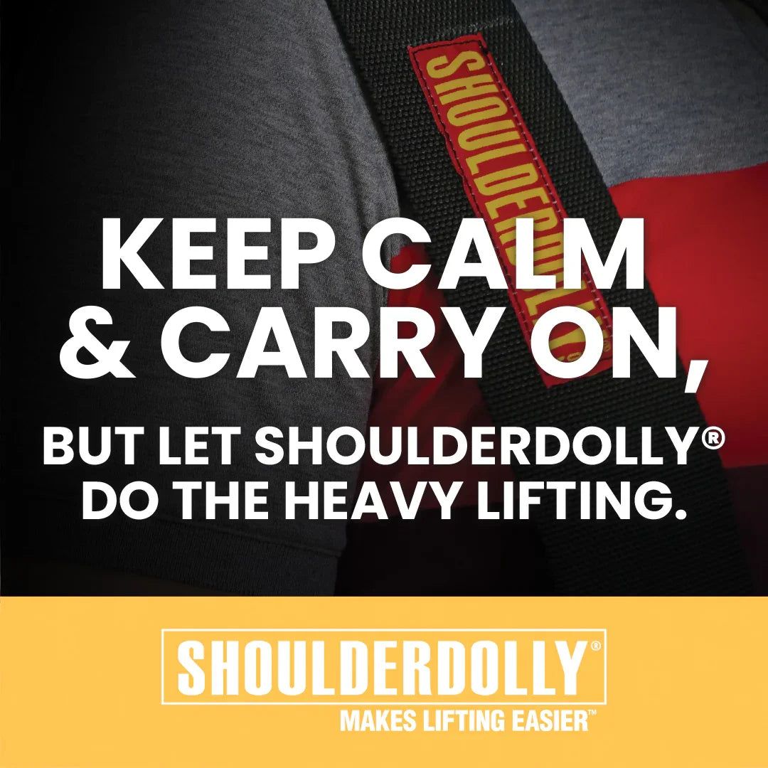Close-up of person wearing a black Shoulderdolly strap with text marketing heavy lifting aid