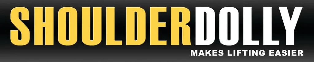 Shoulderdolly logo with yellow and white text on black background, tagline 'Makes lifting easier'