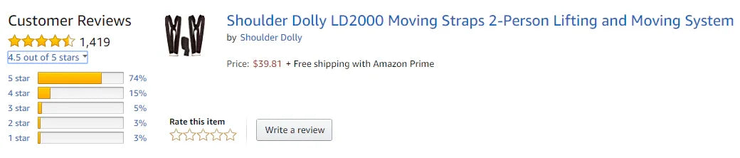 Shoulder Dolly LD2000 Moving Straps with 1419 customer reviews and 4.5-star rating on Amazon