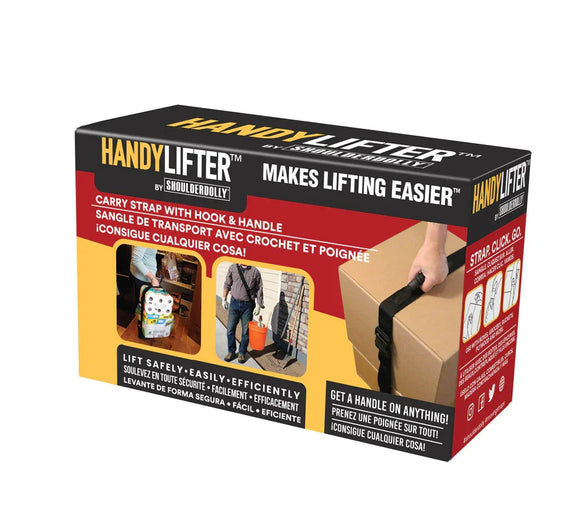 HandyLifter carrying strap package showing hook handle lifting product box and usage images