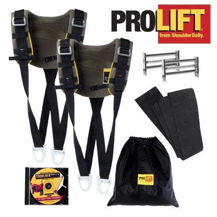 ProLift shoulder dolly lifting straps with metal hooks, black carry bag, DVD, and instructions