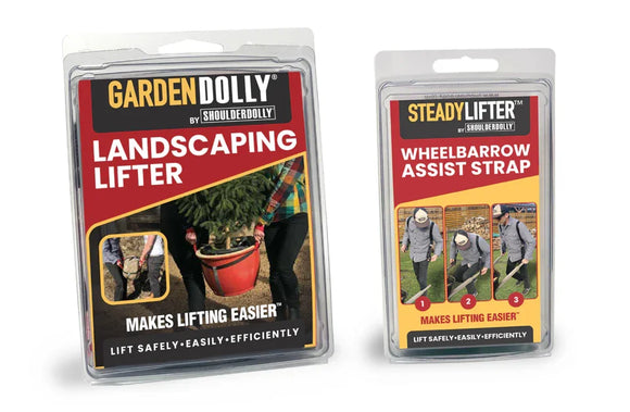 Garden Dolly landscaping lifter and Steady Lifter wheelbarrow assist strap packaging for easier lifting