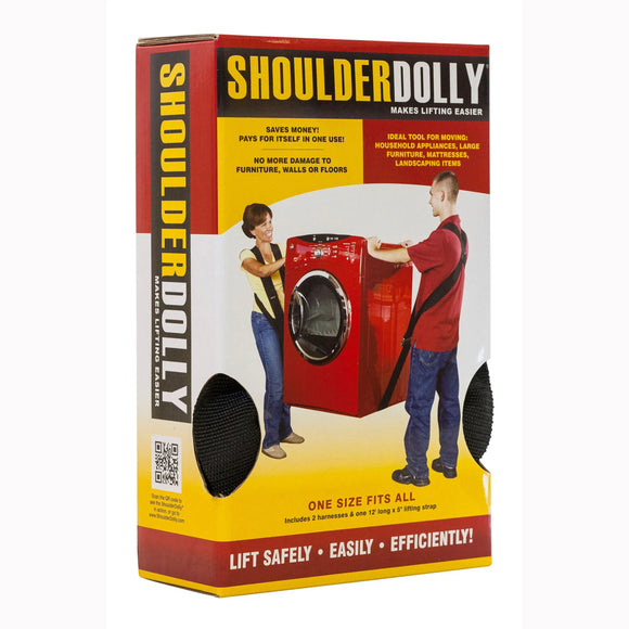 Shoulder Dolly lifting straps packaging showing two people safely lifting a red washing machine